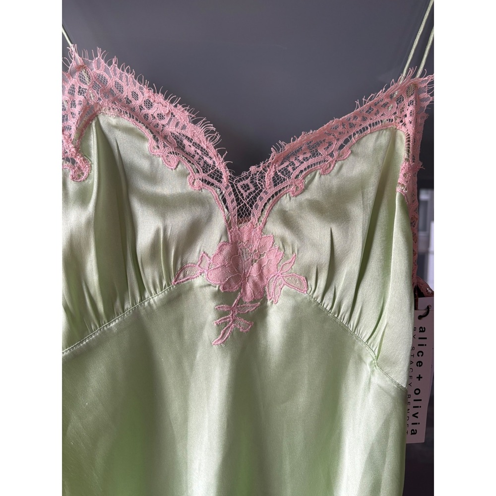NWT* Alice + Olivia Kerr Midi Slip Dress Satin Green Pink Lace Fairy Romantic 10 - Picture 5 of 15